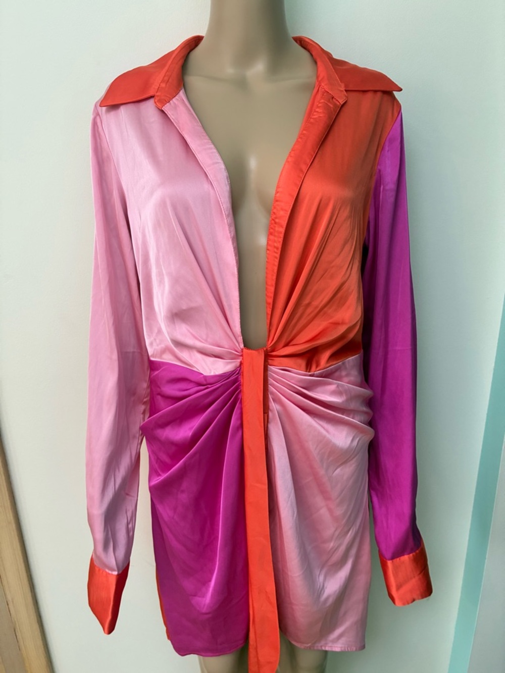 Fashion Nova Pink & Orange Satin Colorblock Tie-Front Mini Dress - Picture 2 of 8